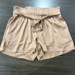 Vintage Havana High Waist Tan Silk Shorts with Tie Belt